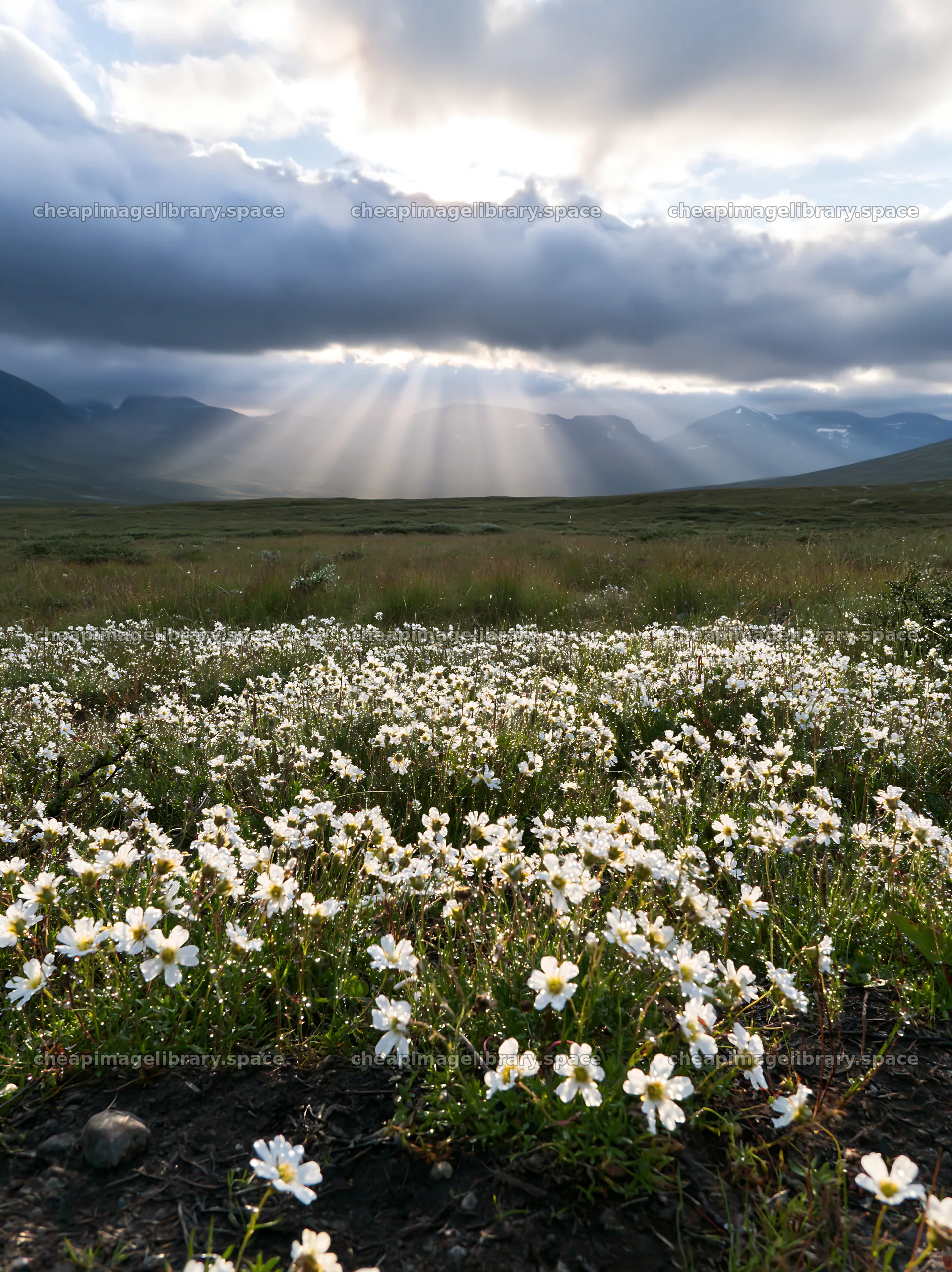 Jotunheimen valley meadow with flowers and sunbeams – image library 6866x9174