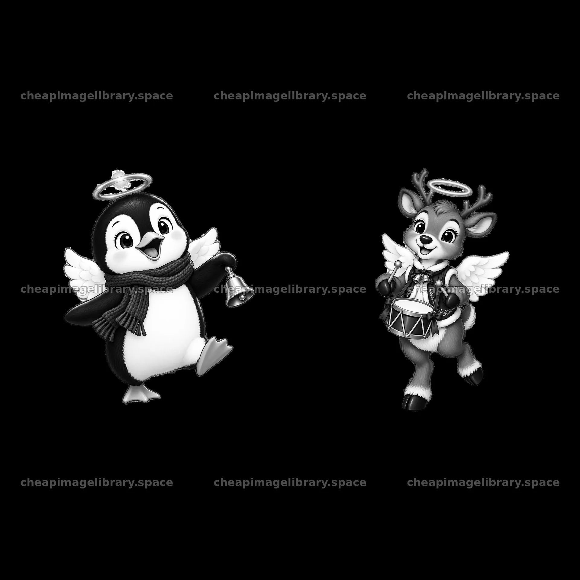 Christmas angel penguin with bell and reindeer with drum – image library 7746x7746