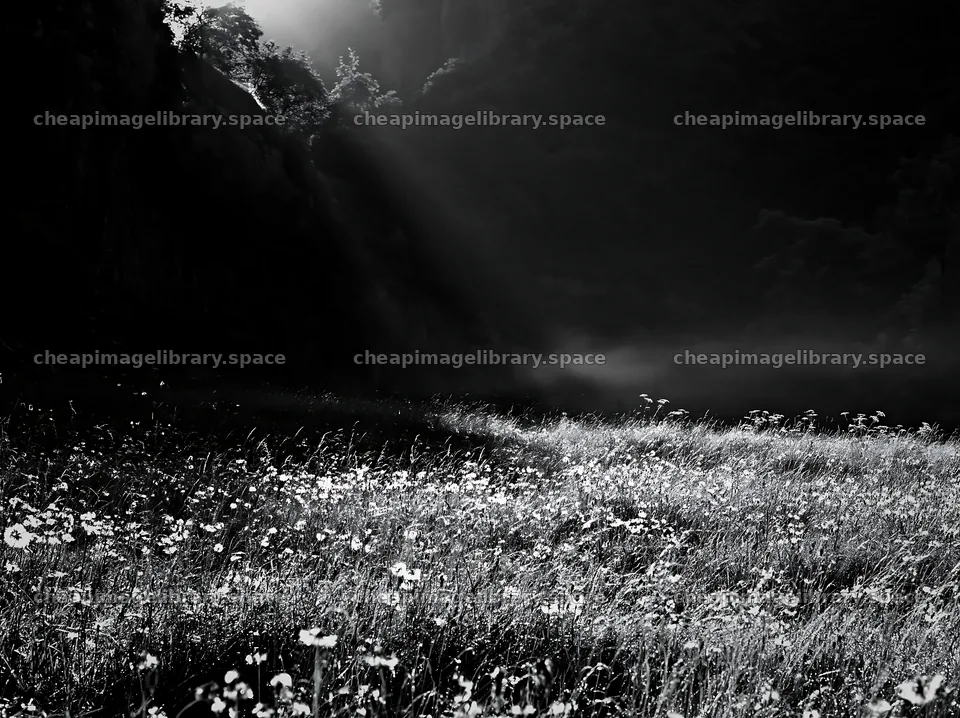 Meadow beneath crags with soft light filtering through trees – image library 9174x6866
