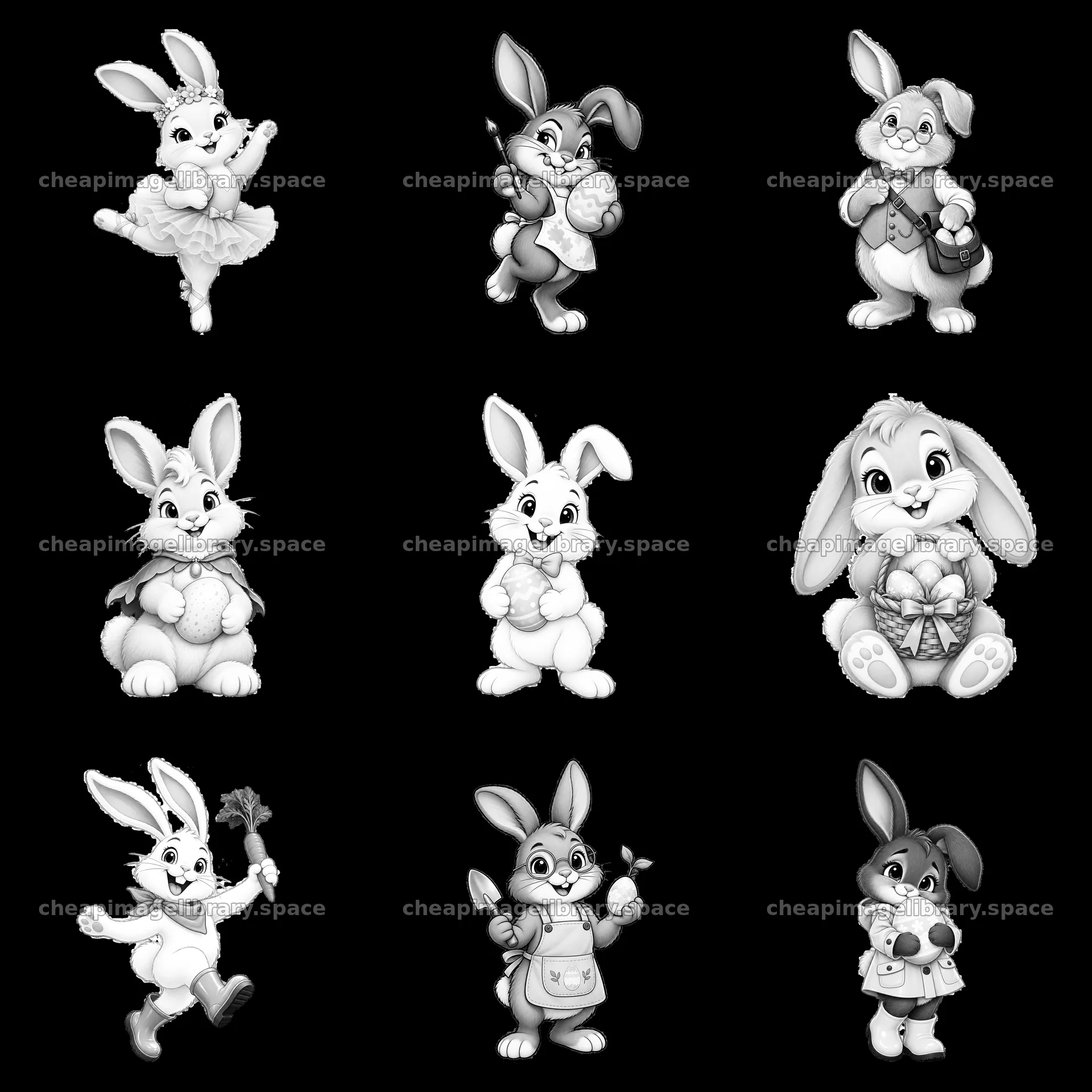 Easter bunny cartoon stickers in a 3x3 grid format – image library 7746x7746