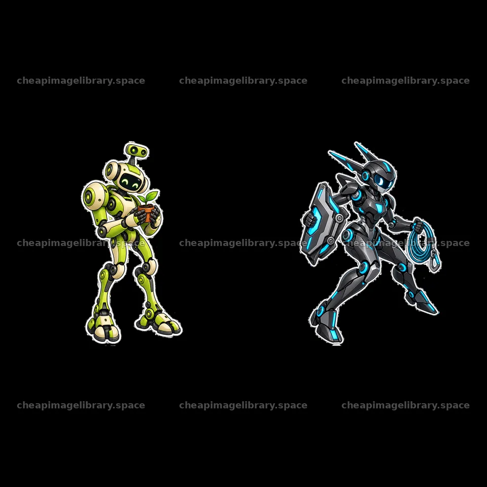 Two cartoon mech robots ready for action with distinct colors – image library 7746x7746