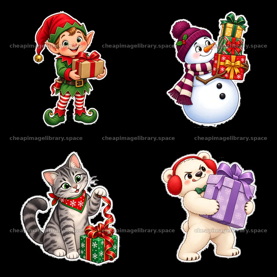 Christmas characters with presents in a 2x2 layout – image library 7746x7746