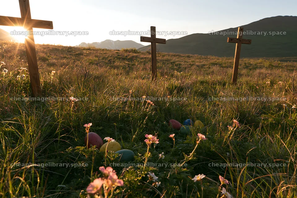 Three Christian crosses in a Christmas meadow at sunrise – image library 9722x6480