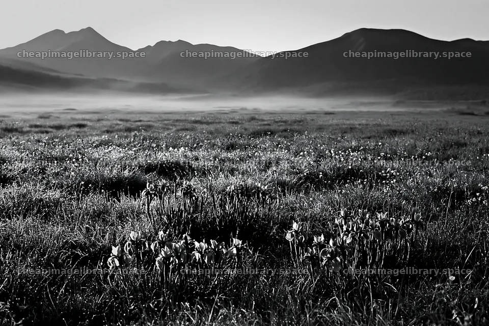 Silver dew in meadow with mountains in background – image library 9722x6480