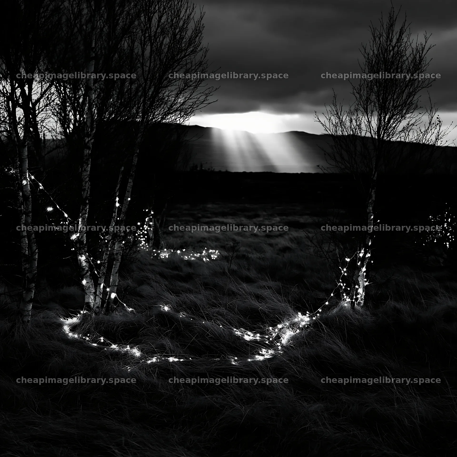 Christmas decorations in meadow under clouds and sunbeams – image library 7938x7938