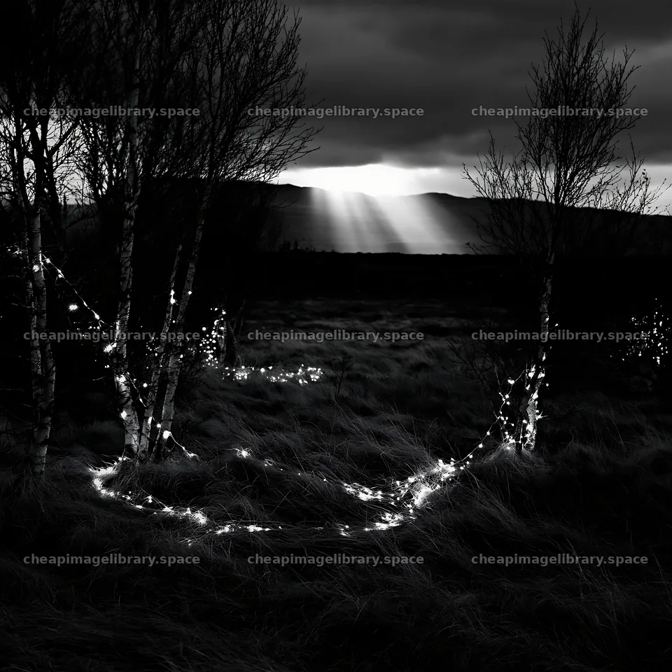 Christmas decorations in meadow under clouds and sunbeams – image library 7938x7938