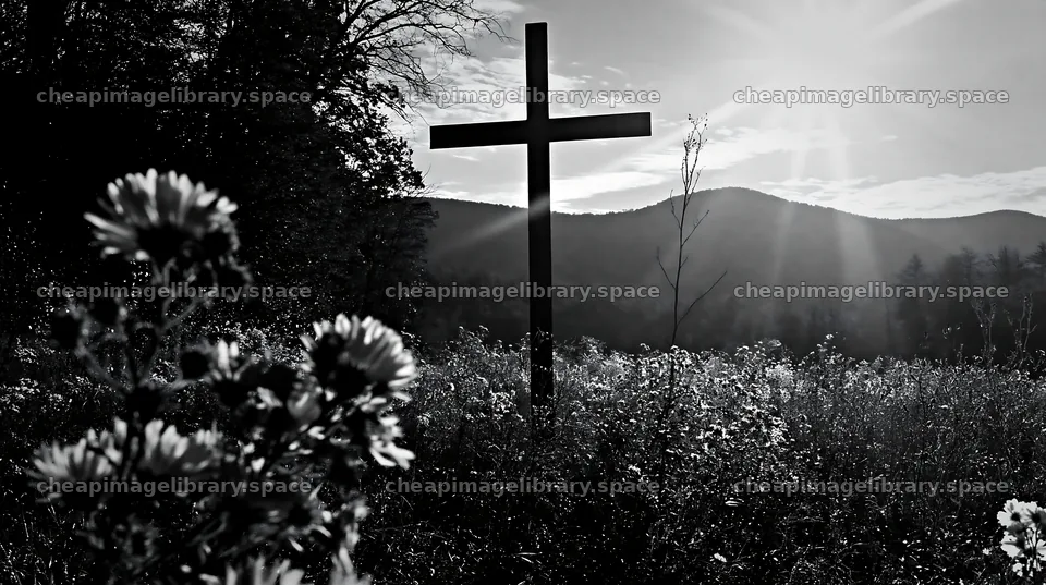 Iron Christian cross in a winter meadow with sunlight – image library 10608x5938