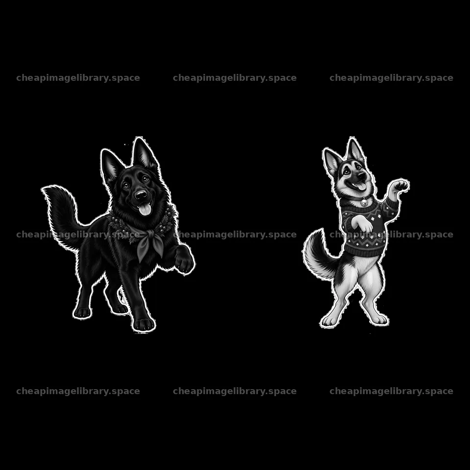 Christmas German Shepherds celebrating in black and white – image library 7746x7746