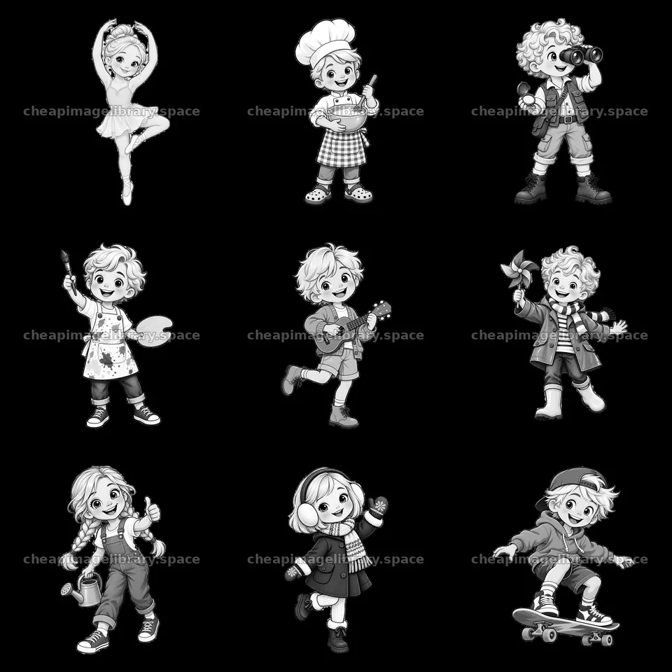 Blond child activities in a 3x3 cartoon sticker layout – image library 7746x7746