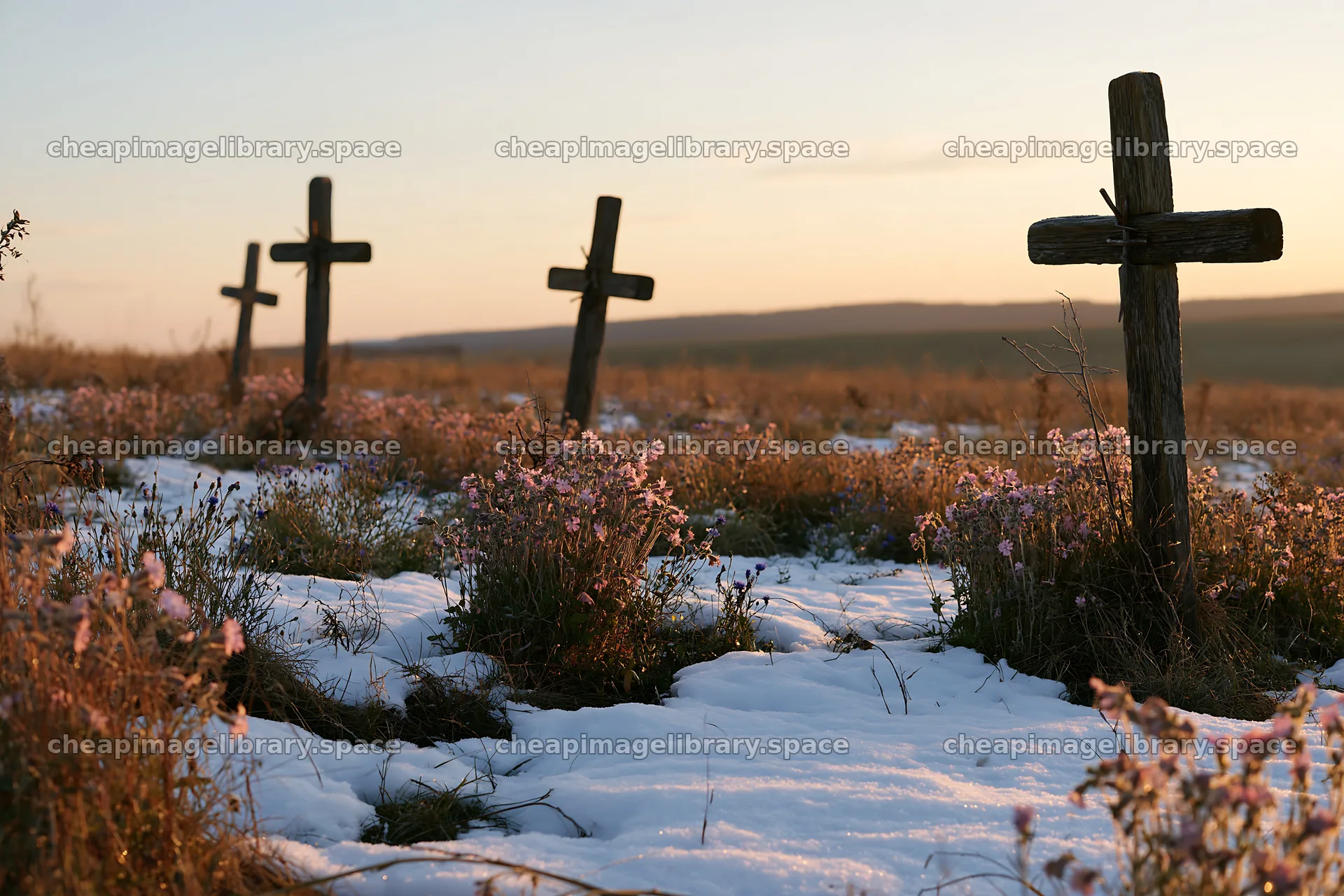 Multiple Christian crosses in snowy meadow during sunset – image library 9722x6480