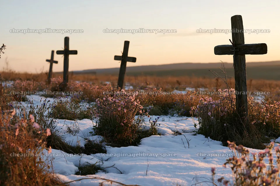 Multiple Christian crosses in snowy meadow during sunset – image library 9722x6480