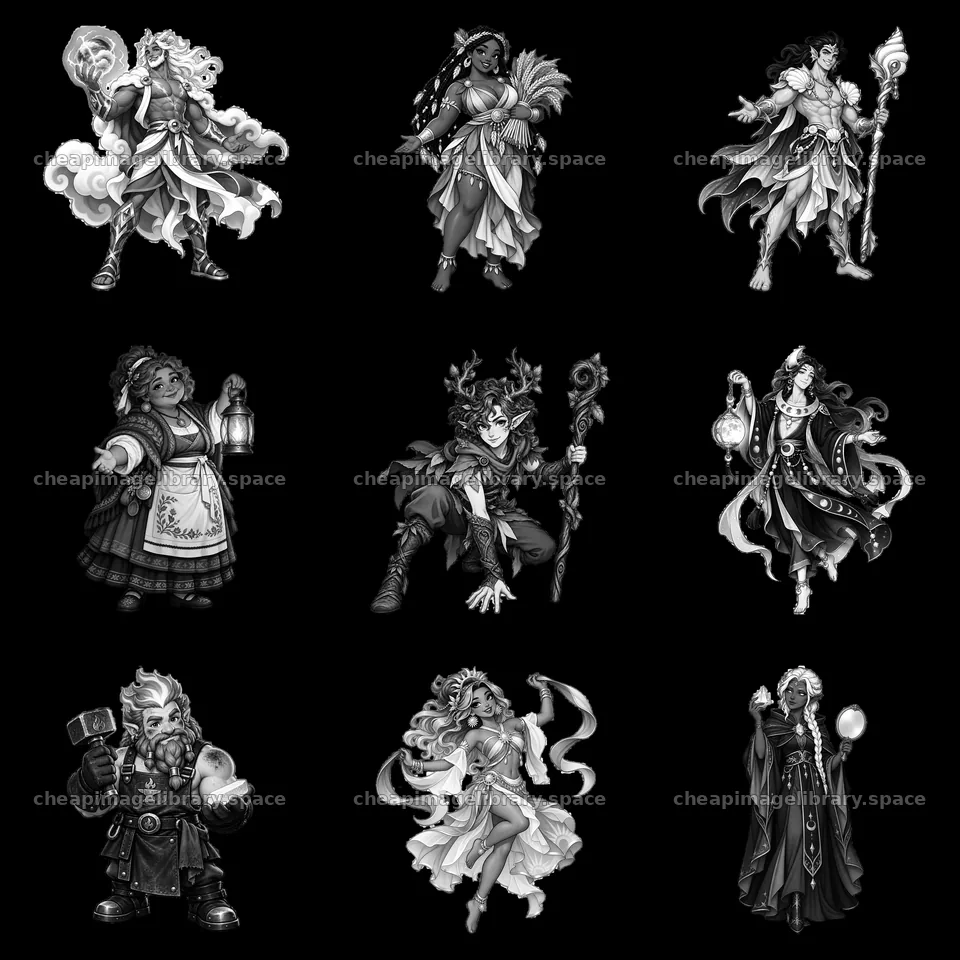 Pagan gods depicted in a black-and-white cartoon sticker layout – image library 7746x7746