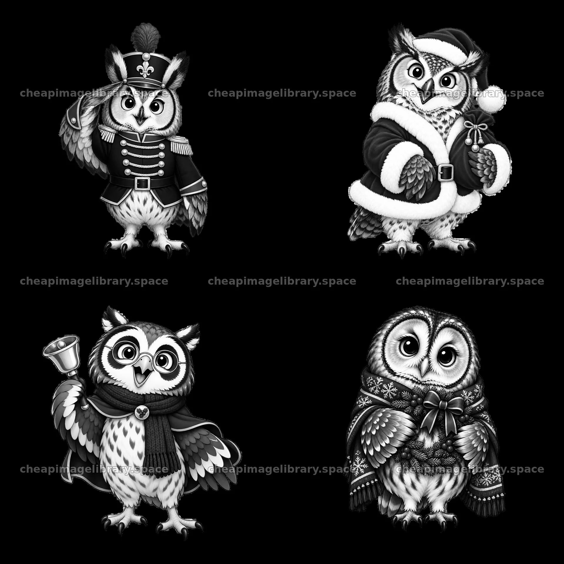 Christmas owls in festive outfits with accessories in a 2x2 layout – image library 7746x7746
