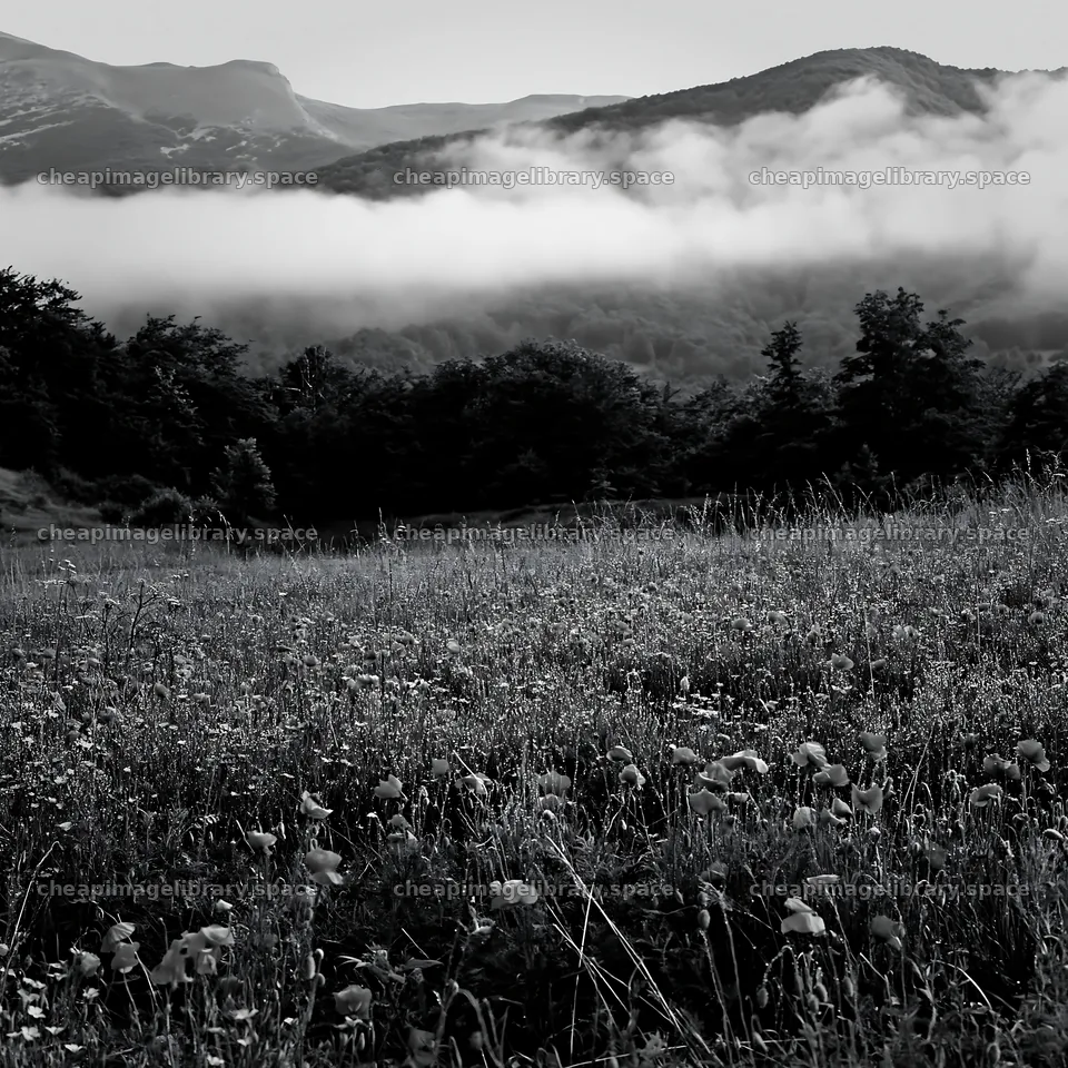 Poppy flax meadow with mountains and fog in the background – image library 7938x7938