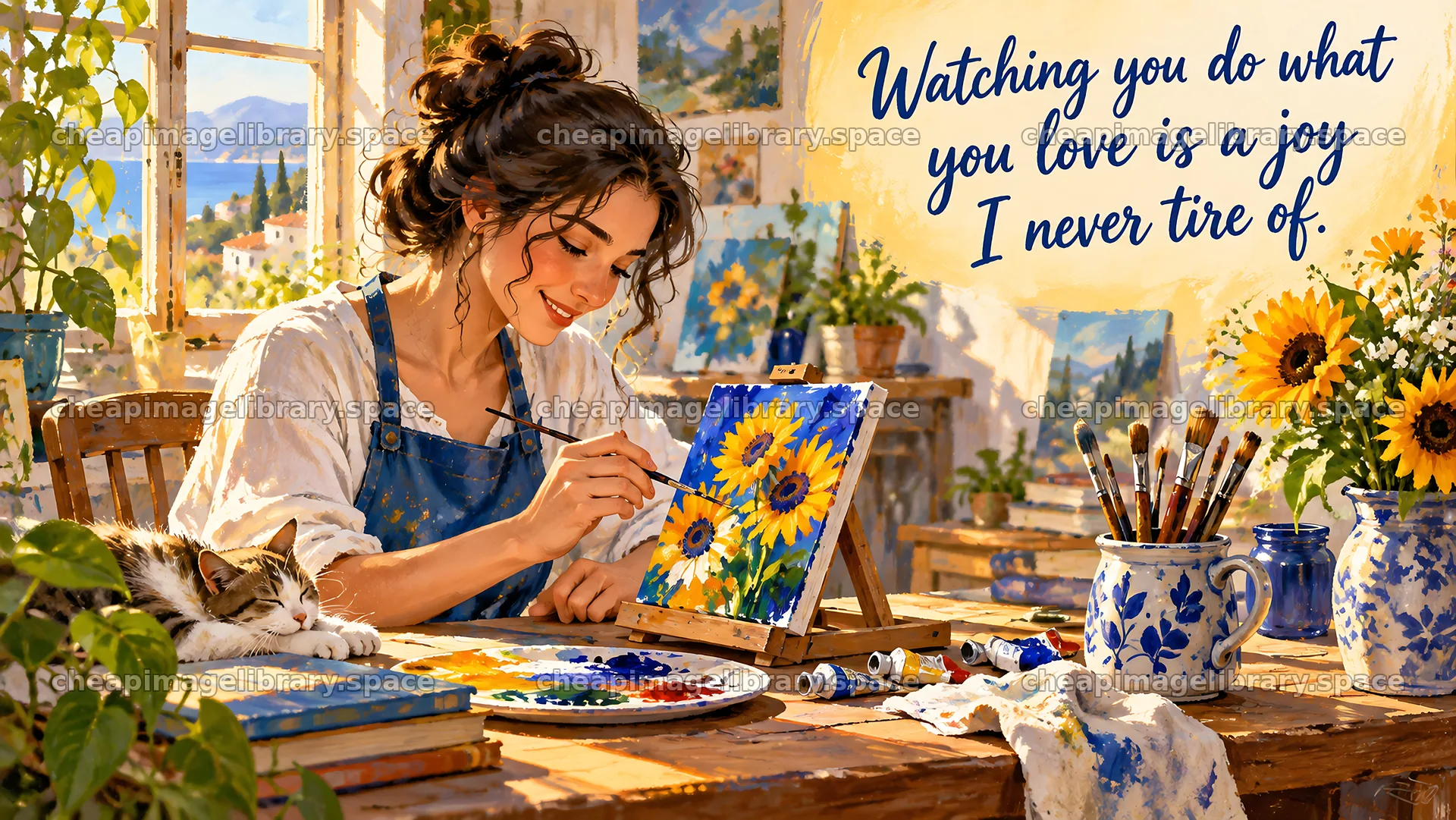 Woman Painting Sunflowers in a Sunny Studio – image library 10324x5812