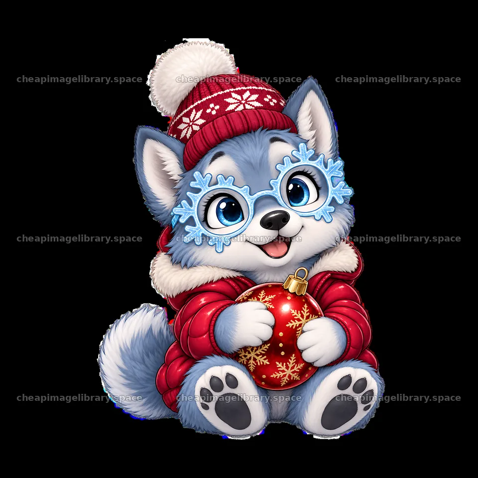 Christmas wolf with red ornament in winter outfit – image library 7746x7746