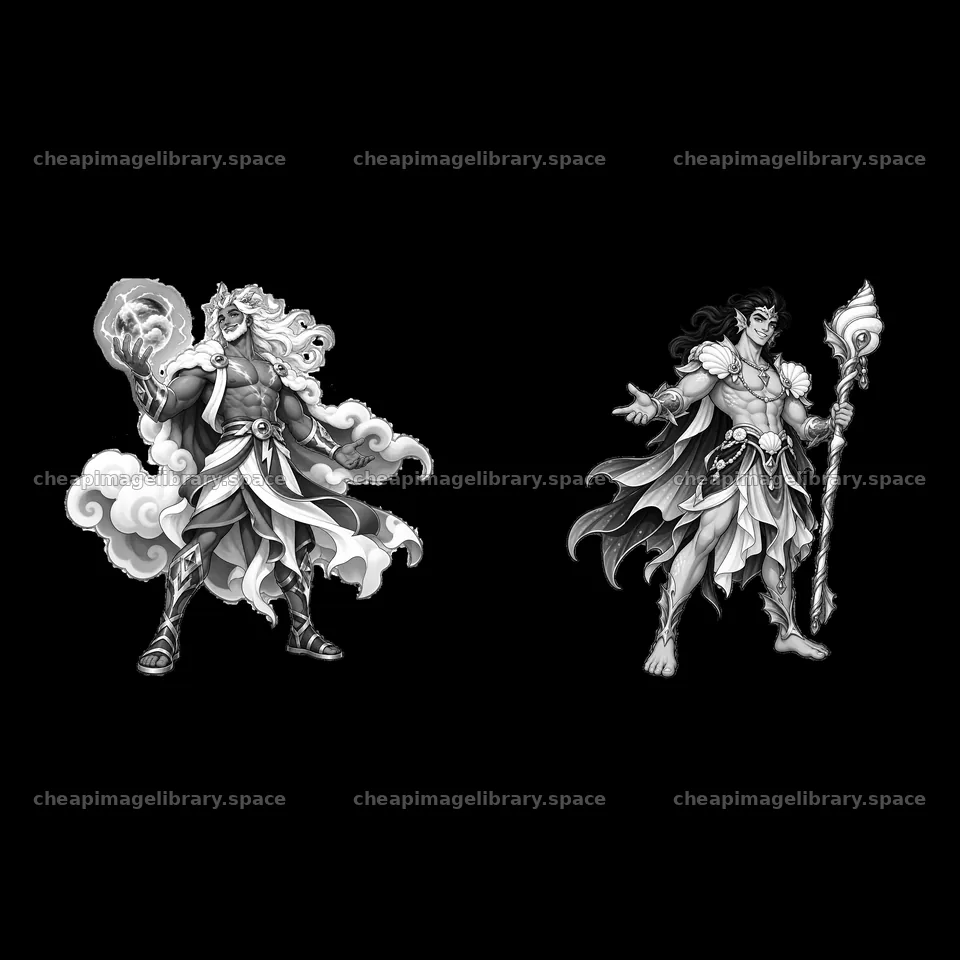 Pagan gods holding symbols with clouds and a staff in black and – image library 7746x7746