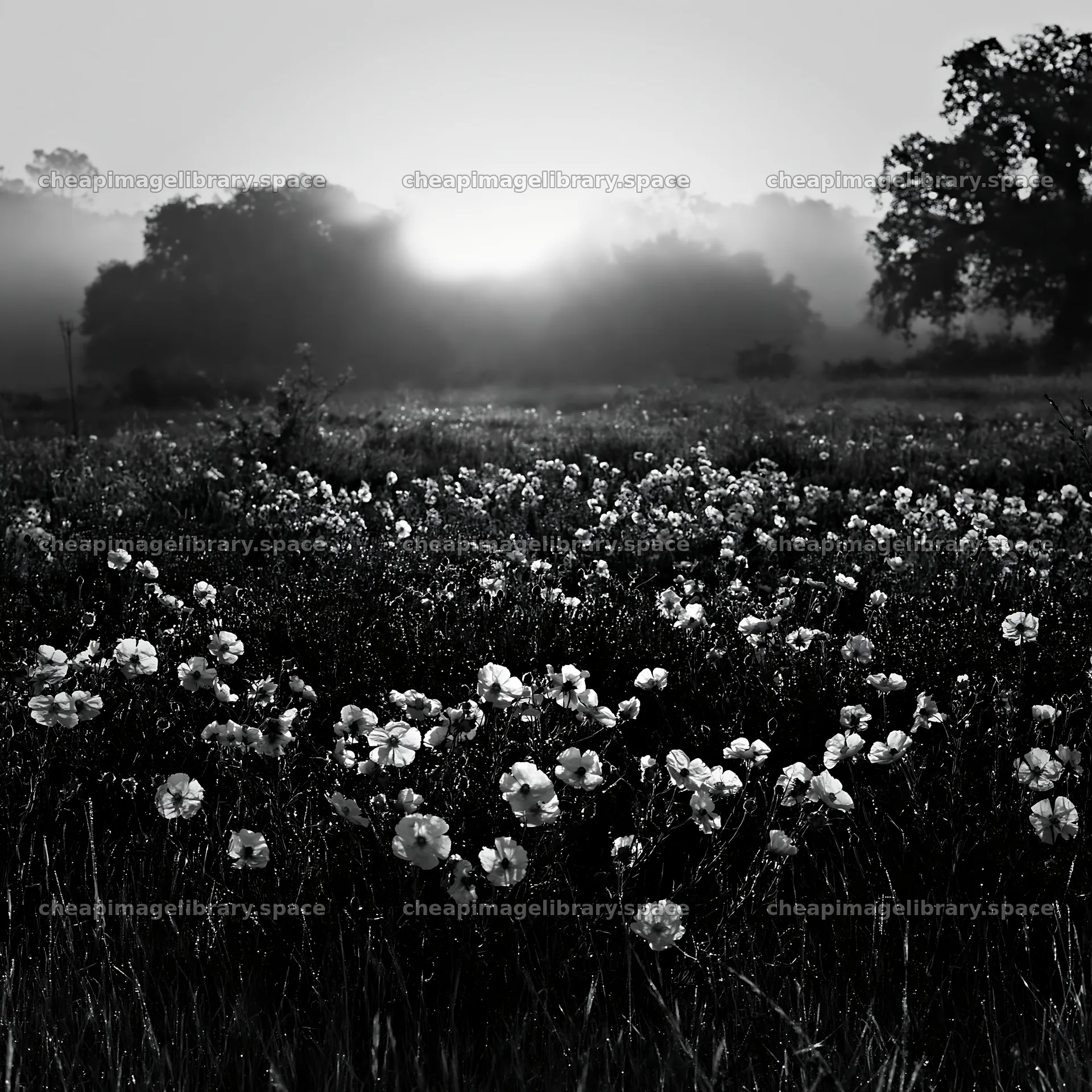 Drought-tolerant meadow at sunrise in black and white – image library 7938x7938