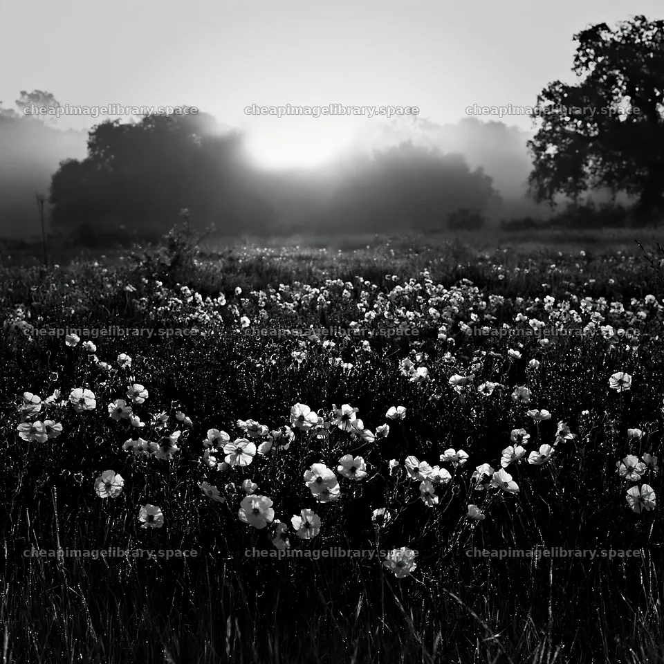 Drought-tolerant meadow at sunrise in black and white – image library 7938x7938