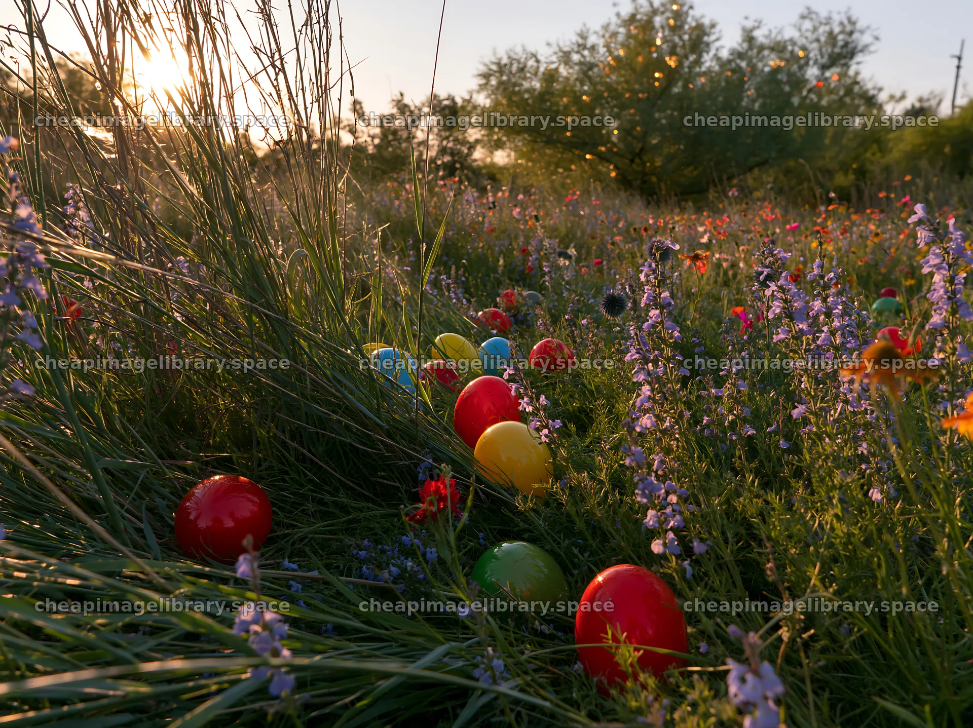Vibrant Christmas ornaments in meadow at dusk – image library 9174x6866