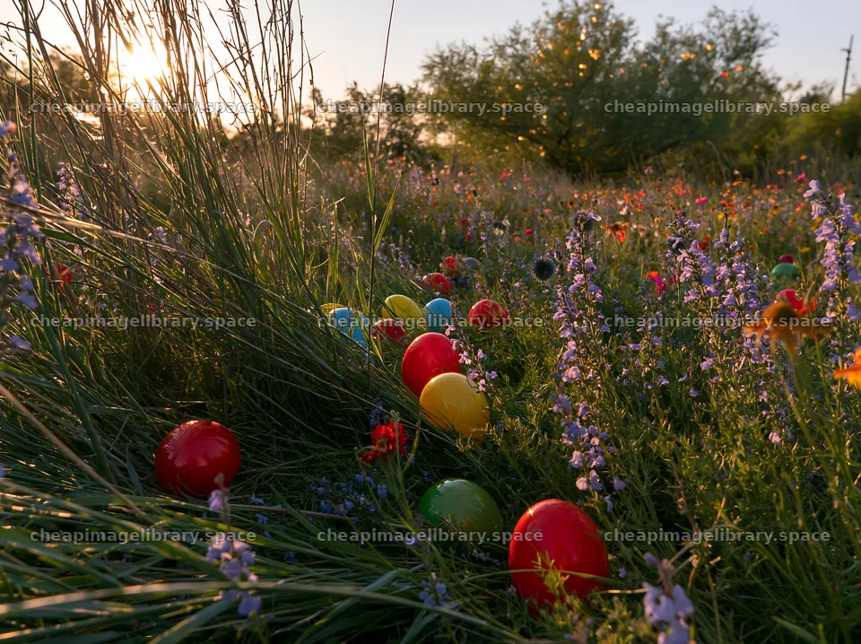 Vibrant Christmas ornaments in meadow at dusk – image library 9174x6866