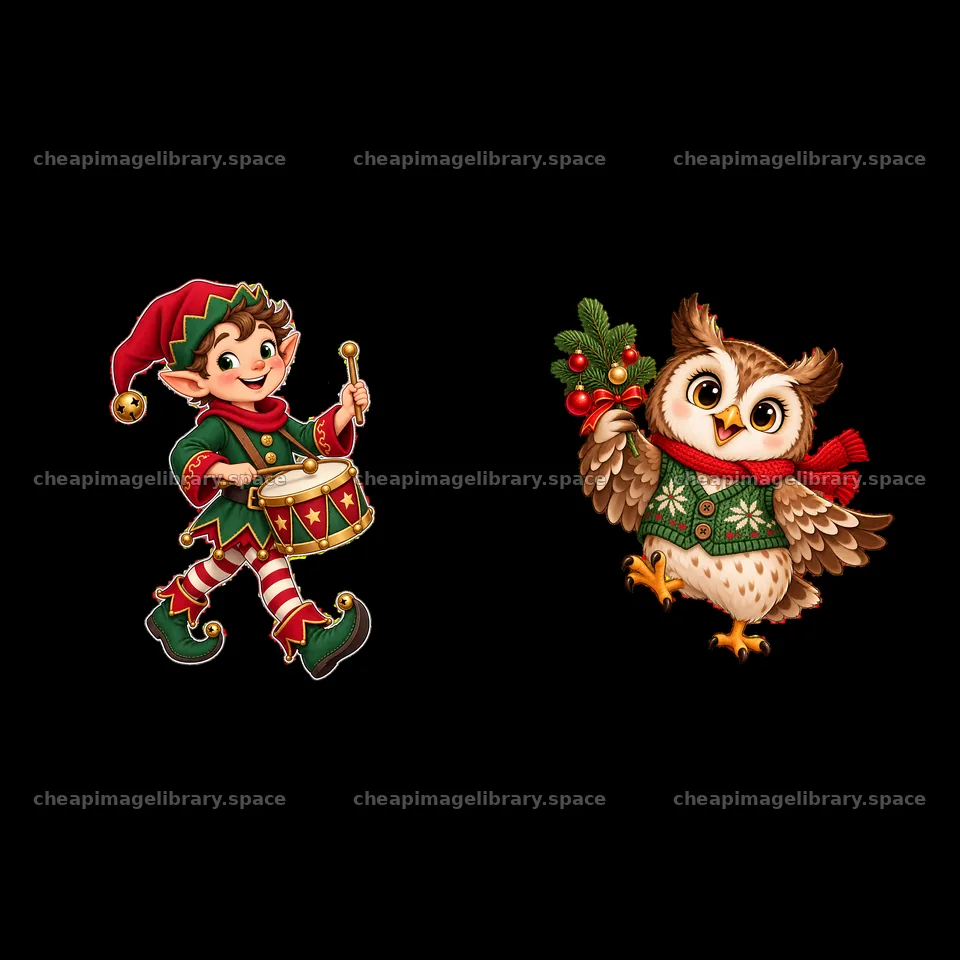 Christmas elf playing drum with owl holding holiday branch – image library 7746x7746