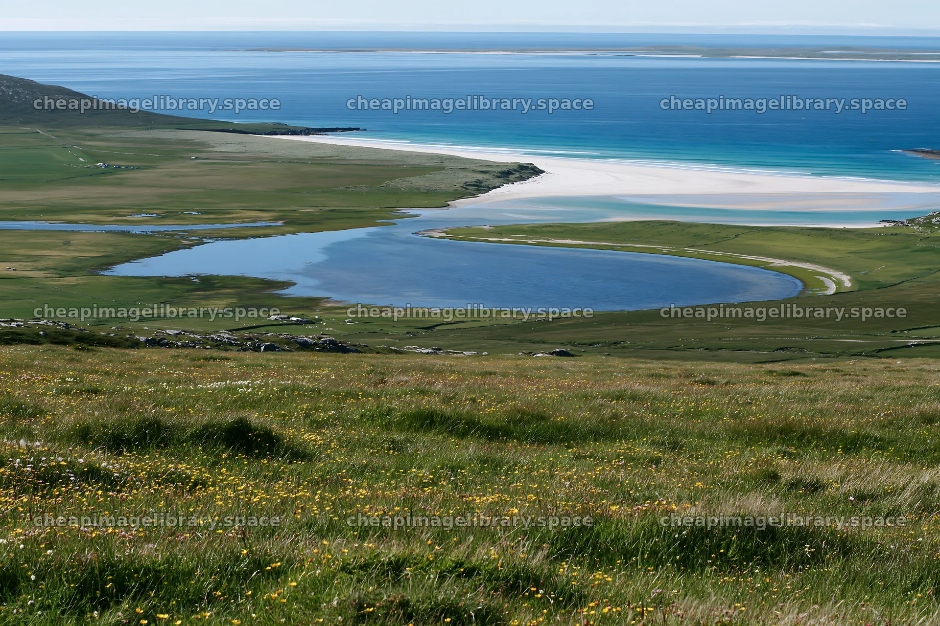 Machair beach meadow with water and sea view in clear weather – image library 9722x6480