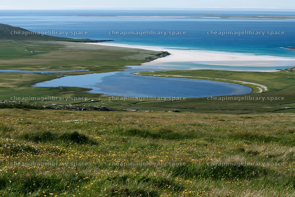 Machair beach meadow with water and sea view in clear weather – image library 9722x6480