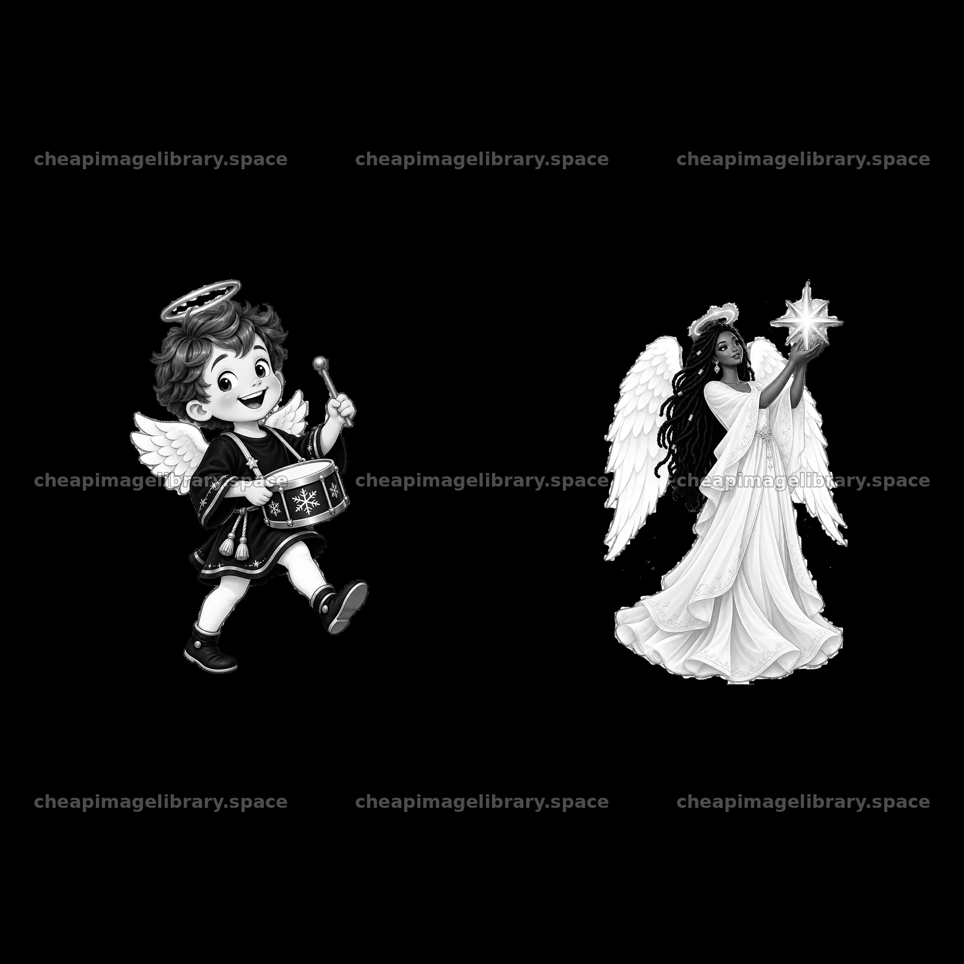 Christmas angel characters with drum and star in monochrome design – image library 7746x7746