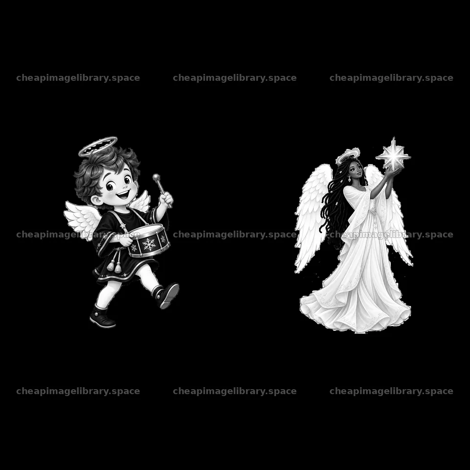 Christmas angel characters with drum and star in monochrome design – image library 7746x7746