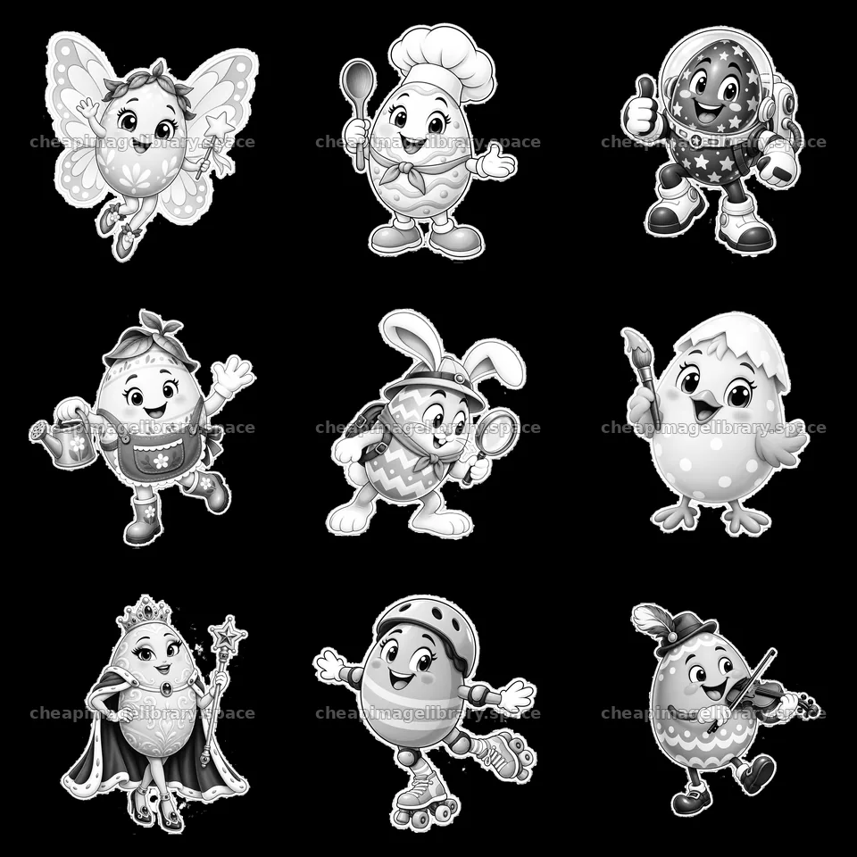 Colorful cartoon Easter eggs in various fun roles and themes – image library 7746x7746