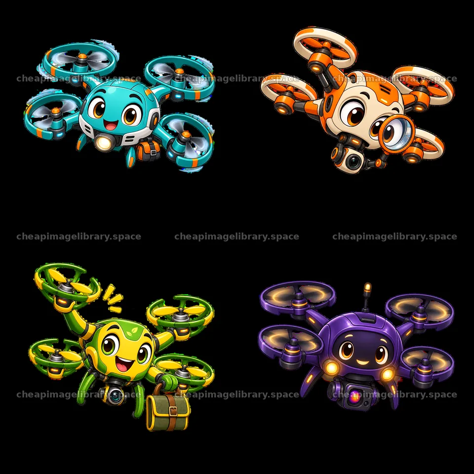 Four cartoon drones with distinct colors and expressions – image library 7746x7746