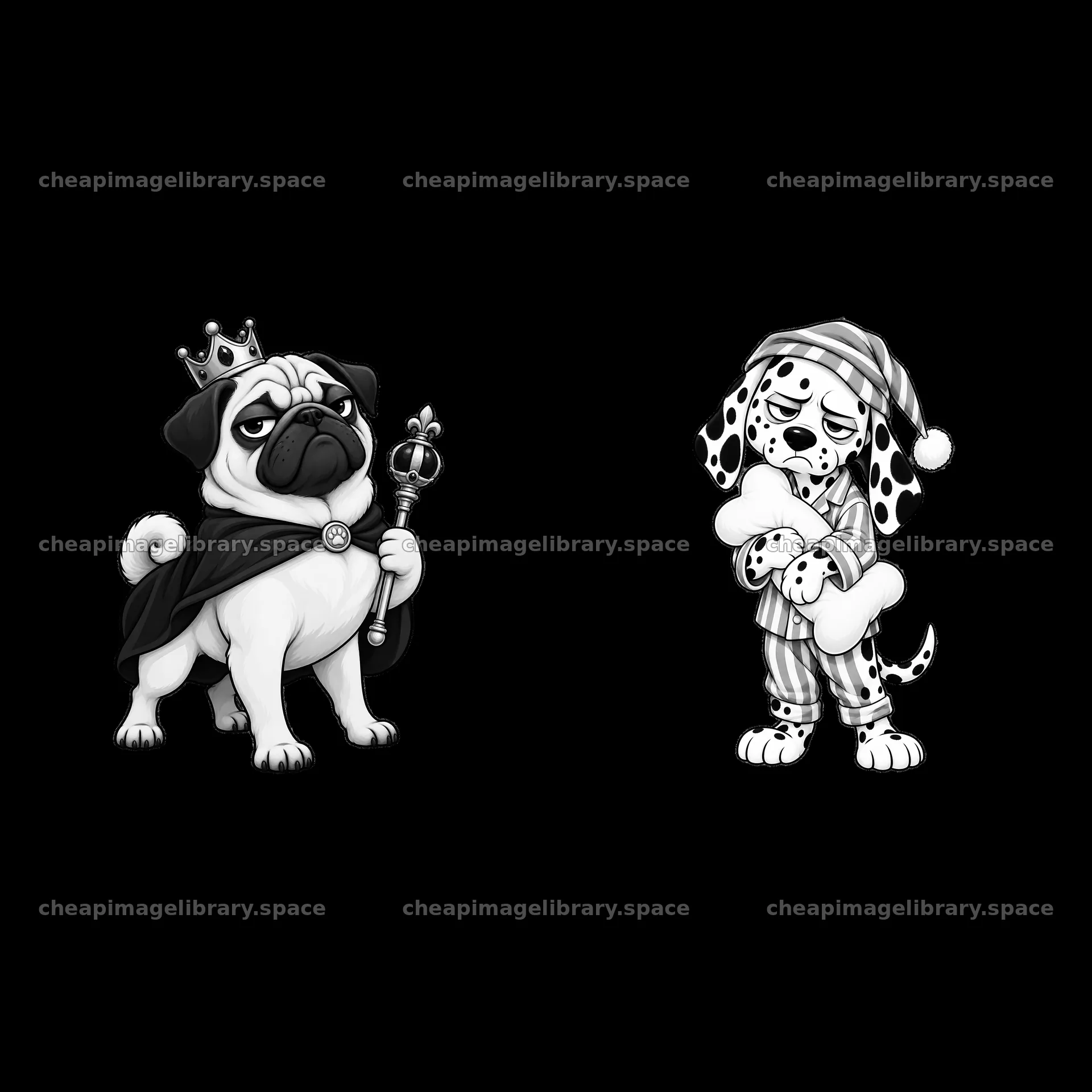 Grumpy pug king and sad dalmatian in cartoon style illustration – image library 7746x7746
