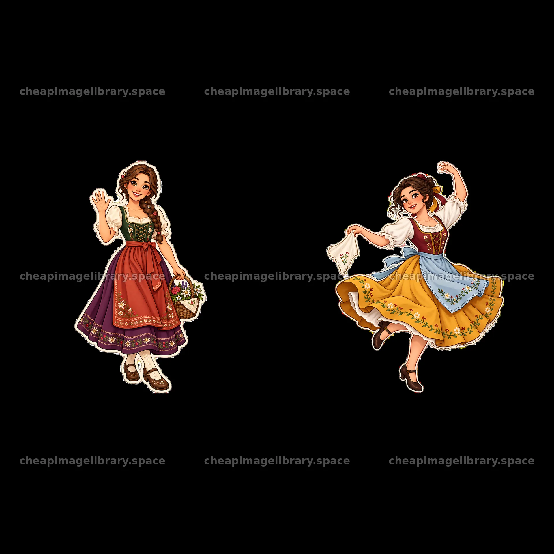 Women in colorful traditional folk dresses waving and smiling – image library 7746x7746