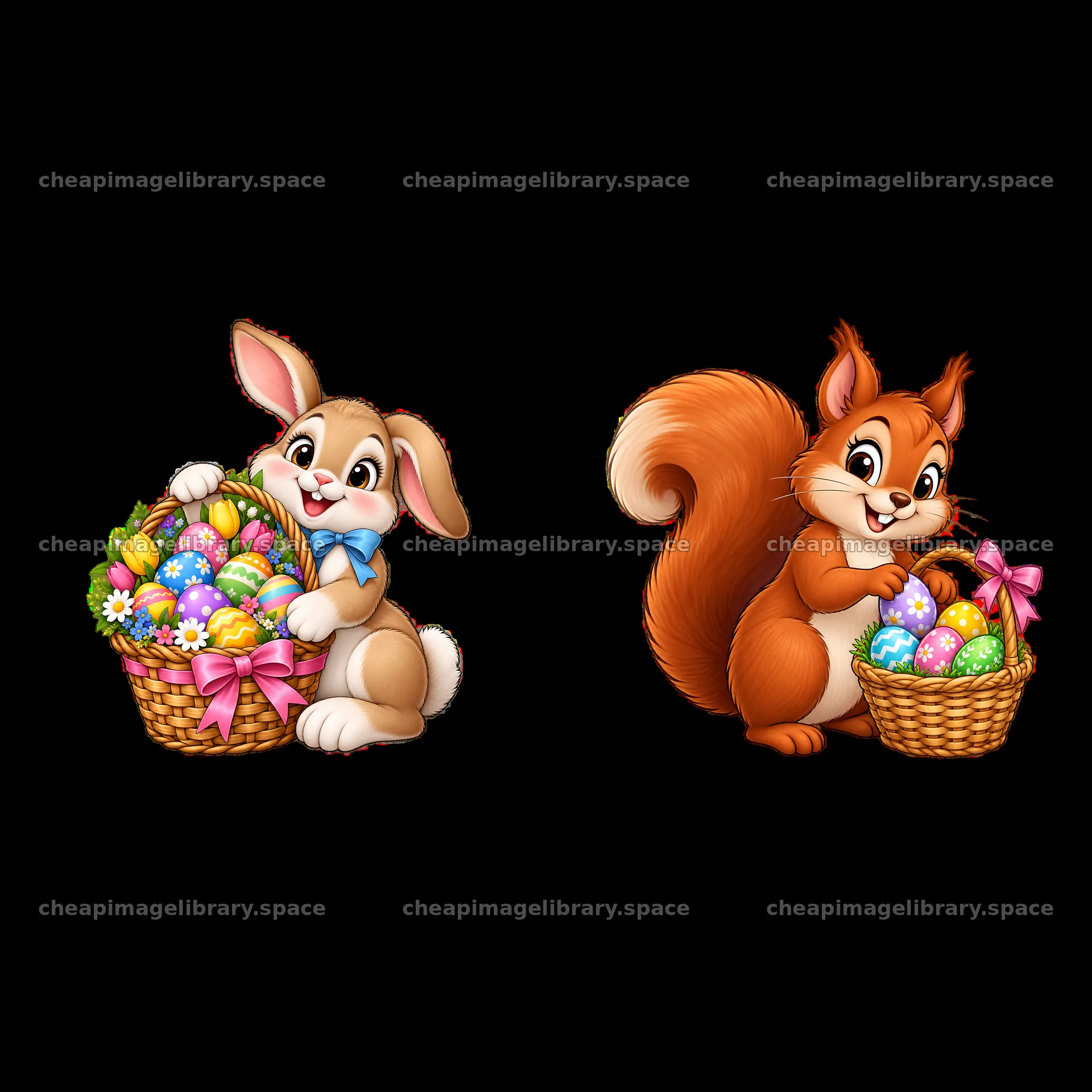 Cute bunny and squirrel with Easter basket full of eggs – image library 7746x7746