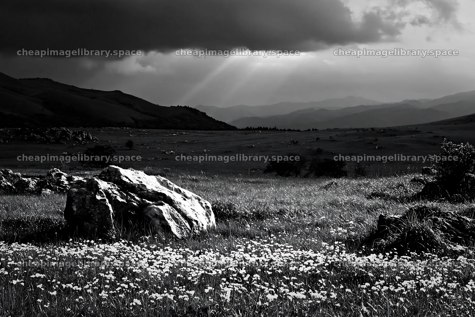 Yamaguchi limestone meadow with pale boulder under cloudy sky – image library 9722x6480