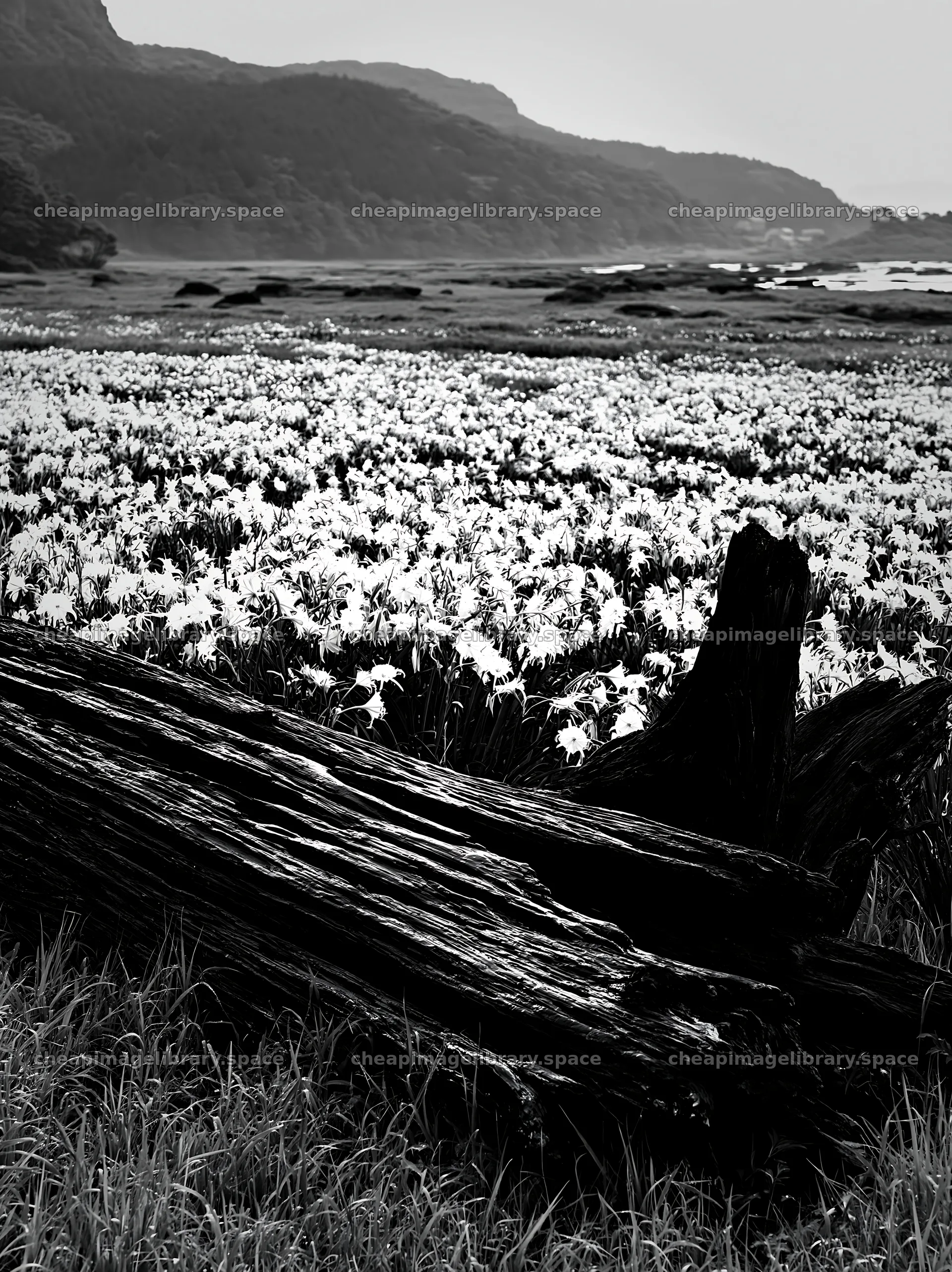 Nagasaki coastal meadow with driftwood and flowers – image library 6866x9174