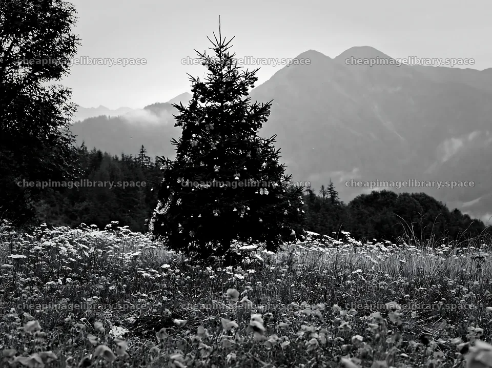 Christmas tree decorated with baubles in mountain meadow – image library 9174x6866