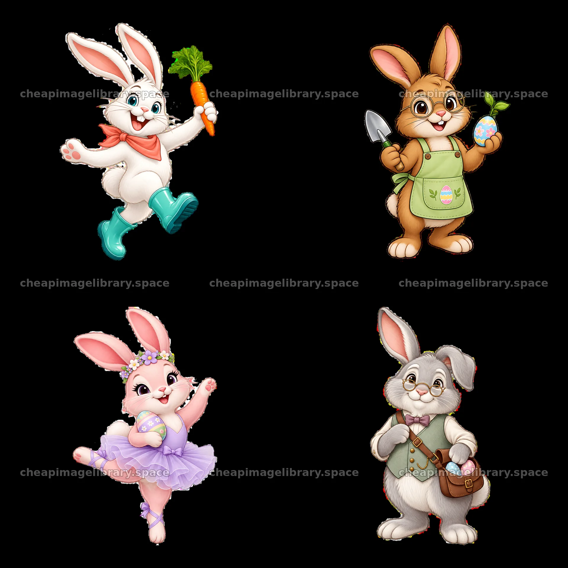 Easter bunnies holding carrots, eggs, and gardening tools – image library 7746x7746