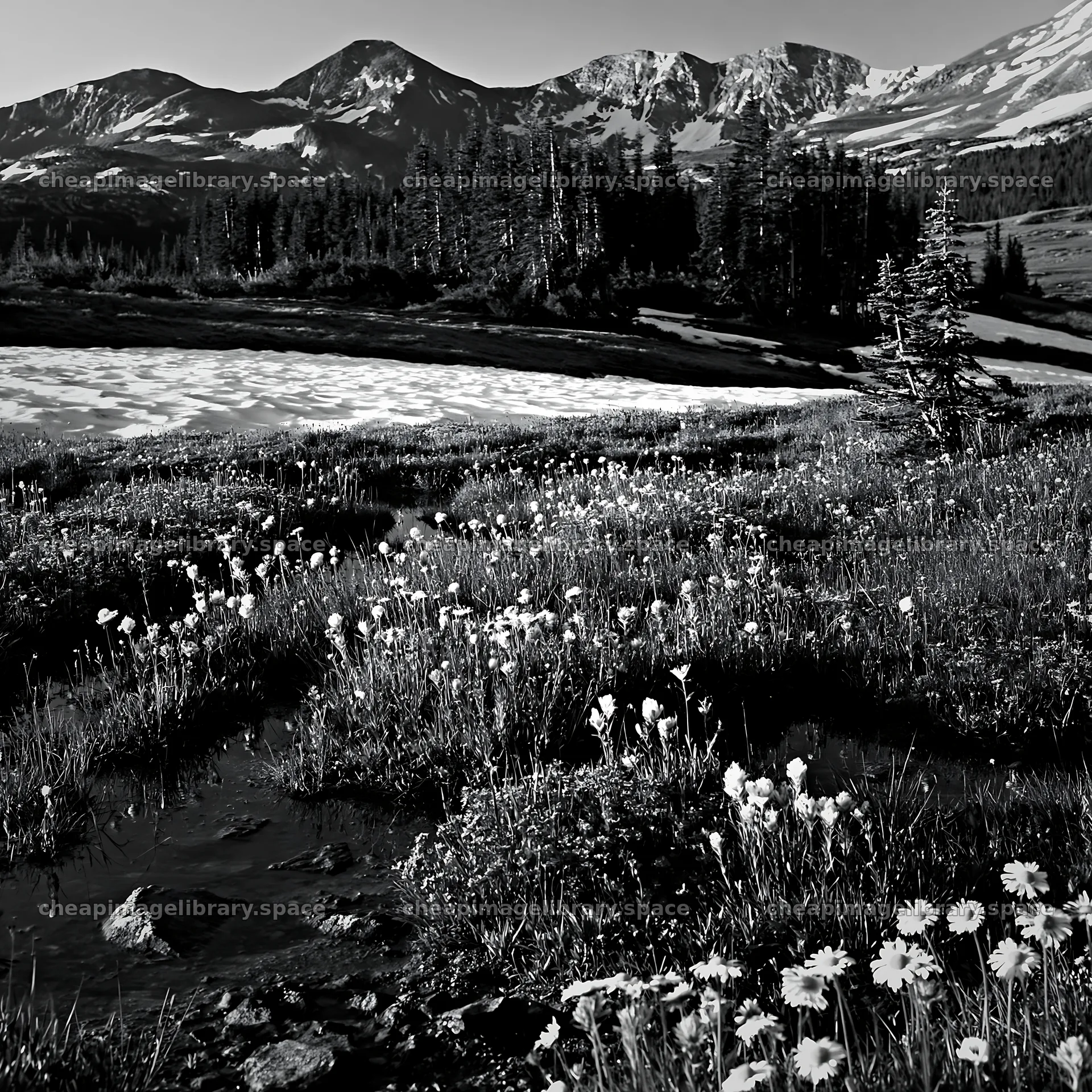 Snowy Rocky Mountain Park meadow with wildflowers and mountains – image library 7938x7938