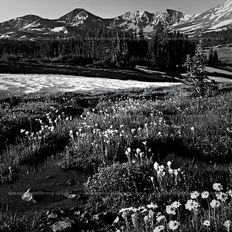 Snowy Rocky Mountain Park meadow with wildflowers and mountains – image library 7938x7938