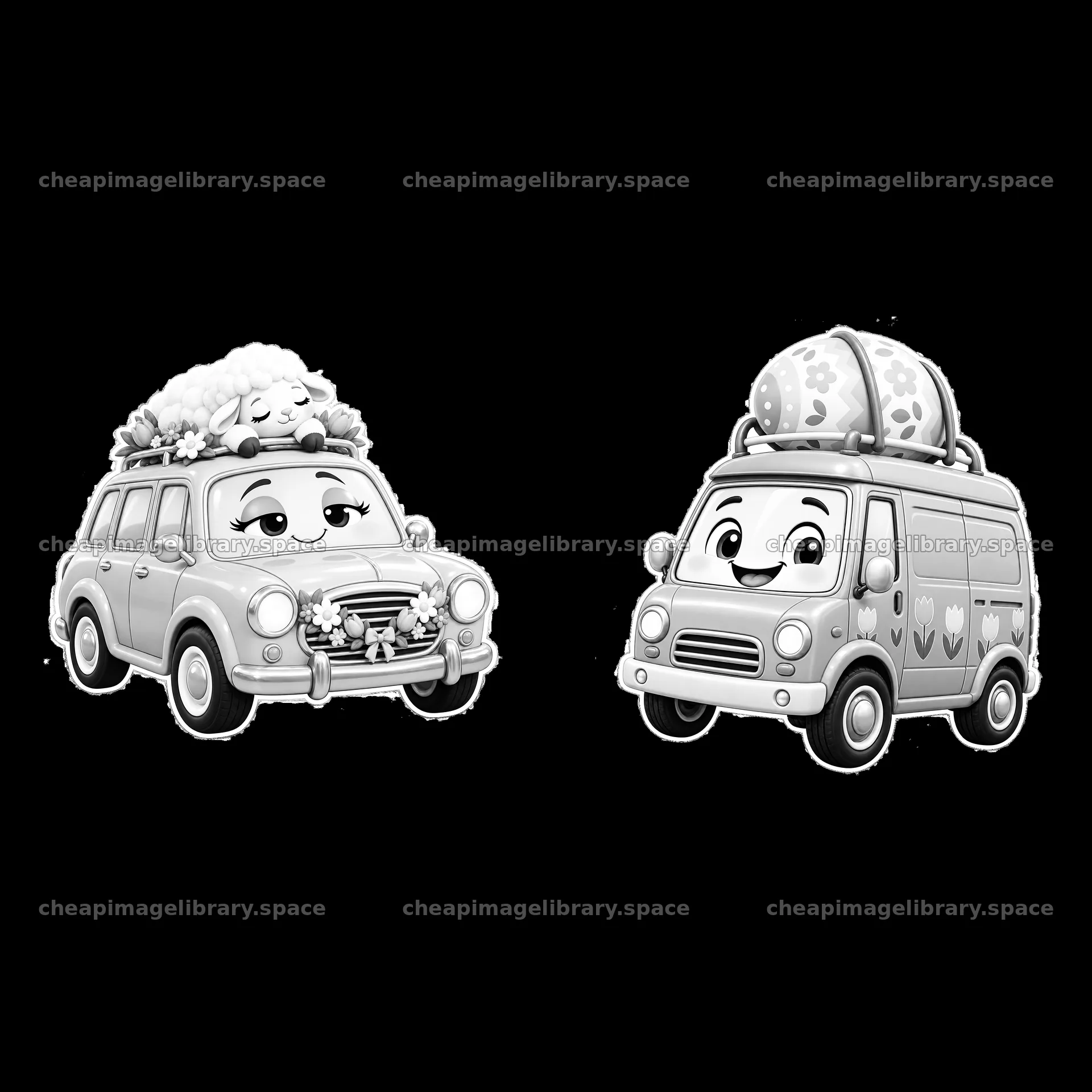 Easter themed cartoon cars with decorations for celebration – image library 7746x7746