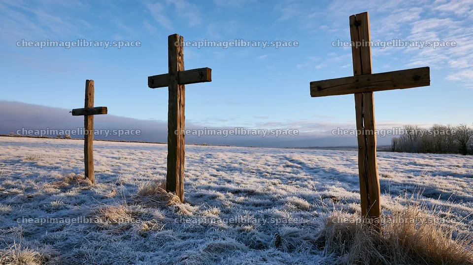 Rustic crosses standing in winter meadow – image library 10608x5938