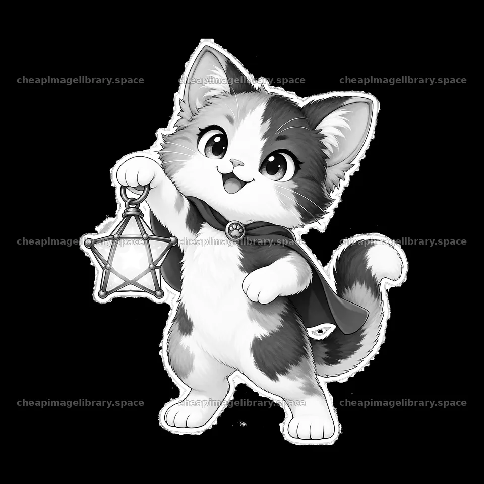 Kawaii cat holding a lantern in a superhero cape pose – image library 7746x7746