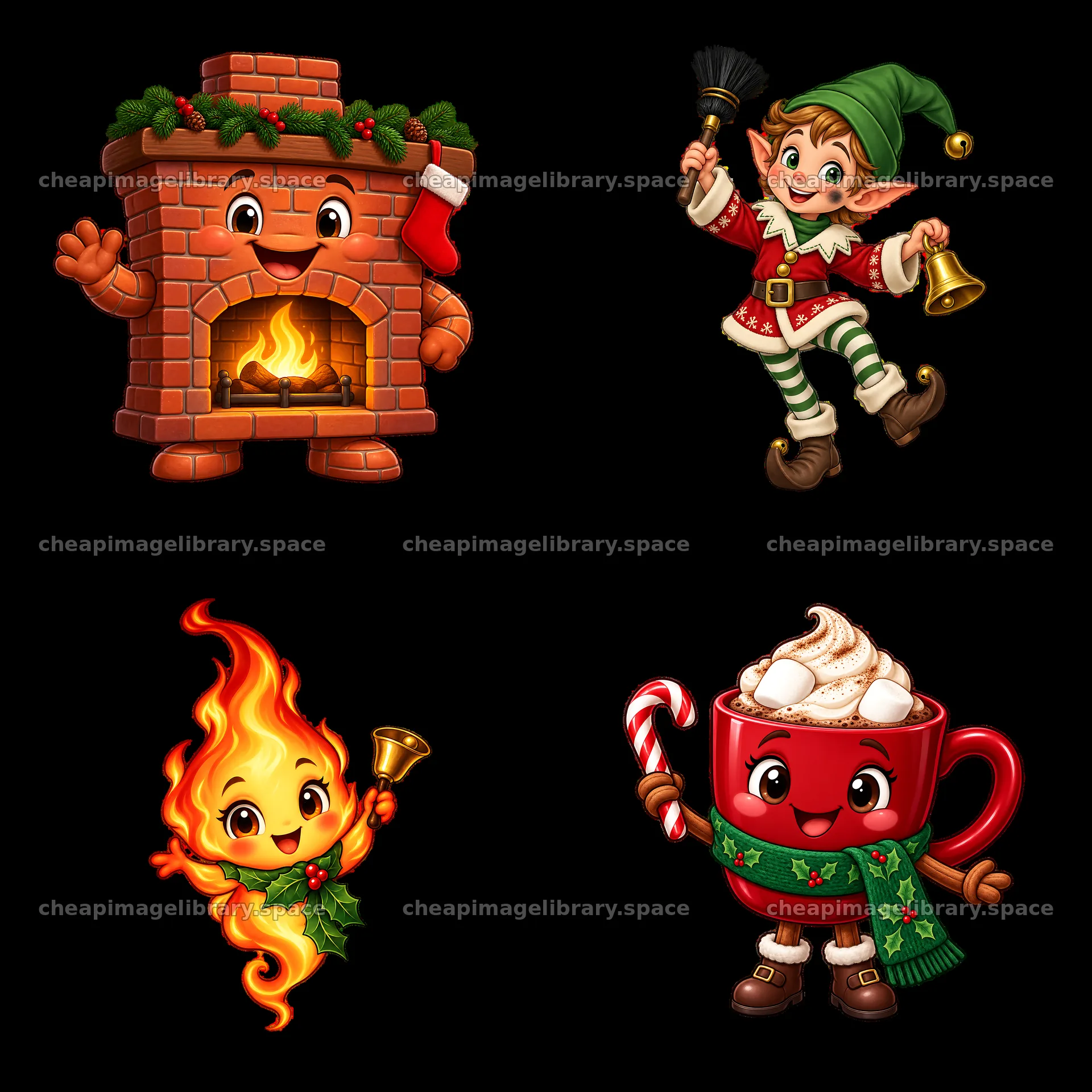 Cartoon characters celebrating Christmas by the fireplace – image library 7746x7746