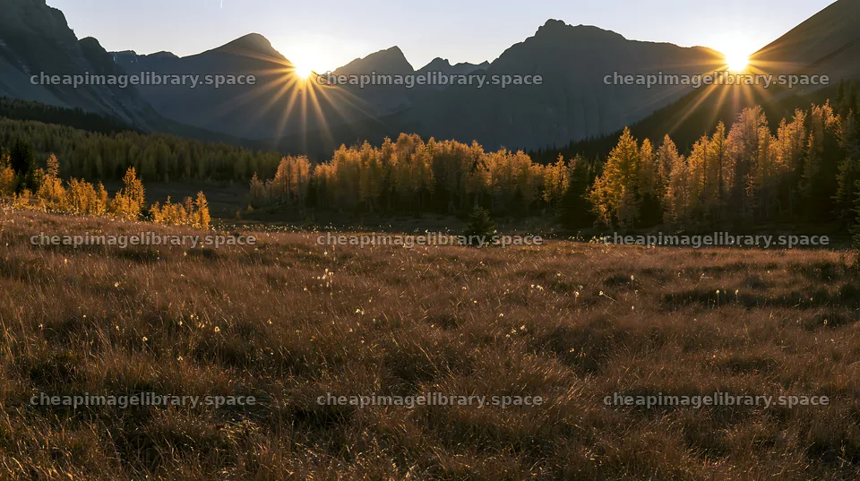 Sunshine Meadows in Banff with light rays at sunrise – image library 10608x5938