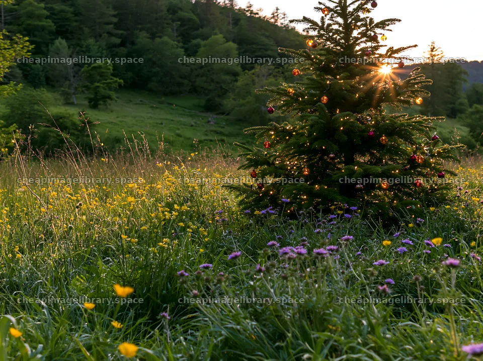 Christmas tree with ornaments in valley meadow at sunset – image library 9174x6866