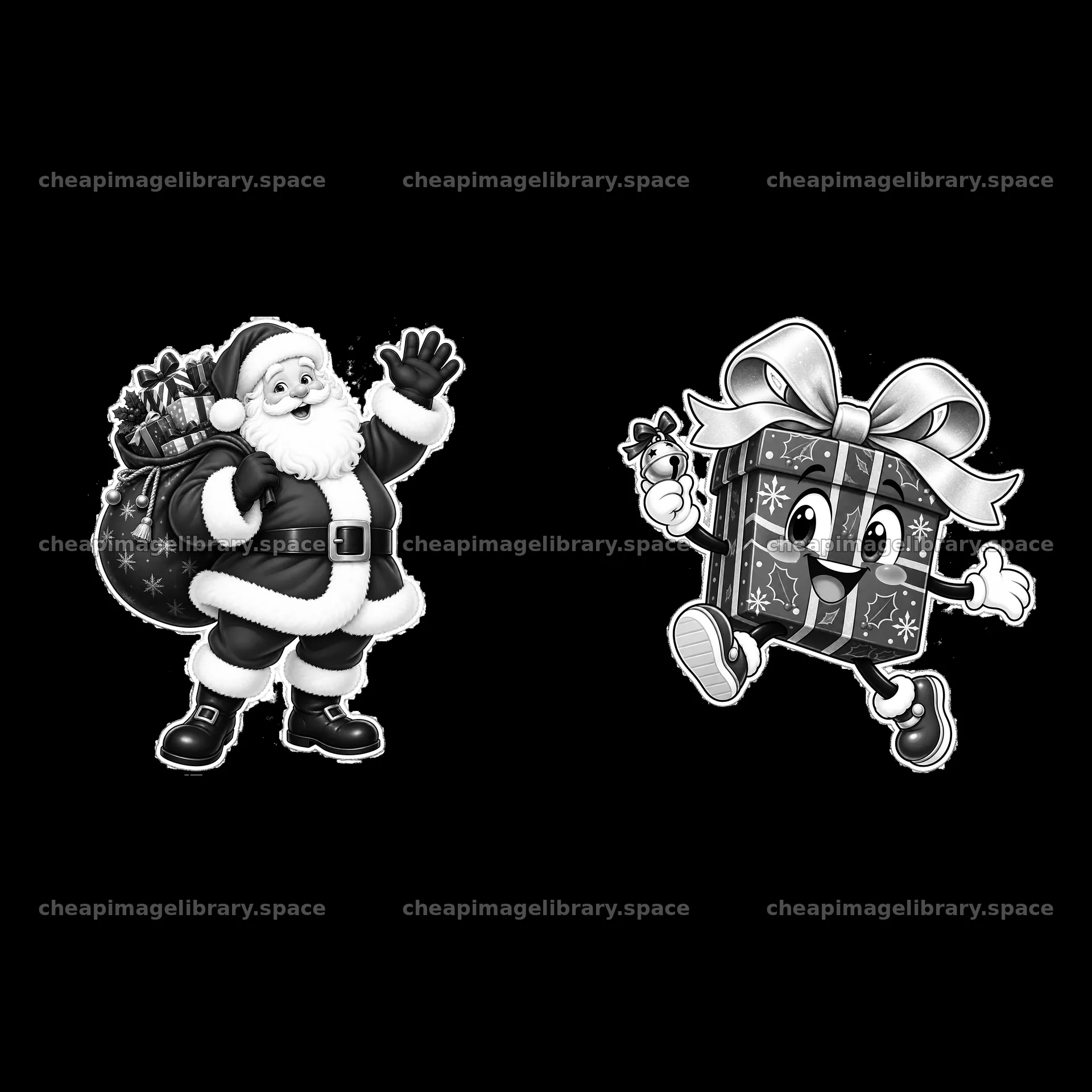 Santa Claus waves with a gift box character in a Christmas theme – image library 7746x7746