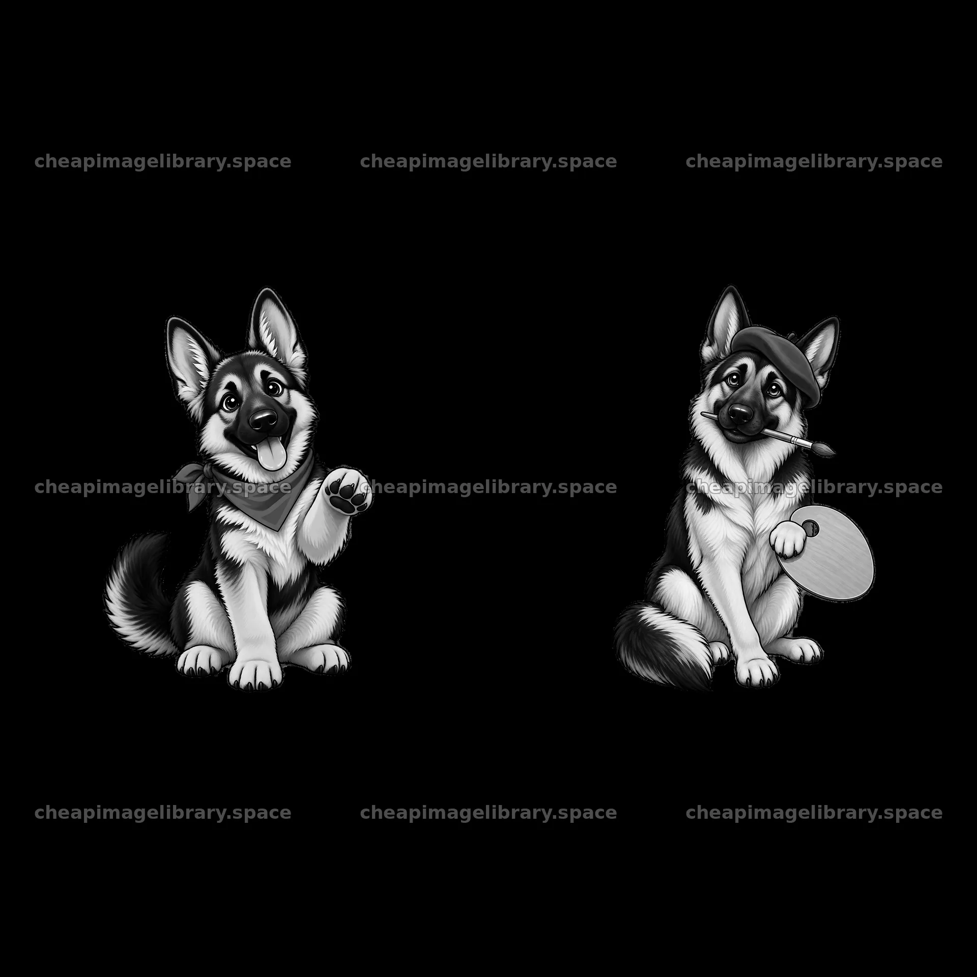 Two cartoon German Shepherd dogs with toys in playful poses – image library 7746x7746