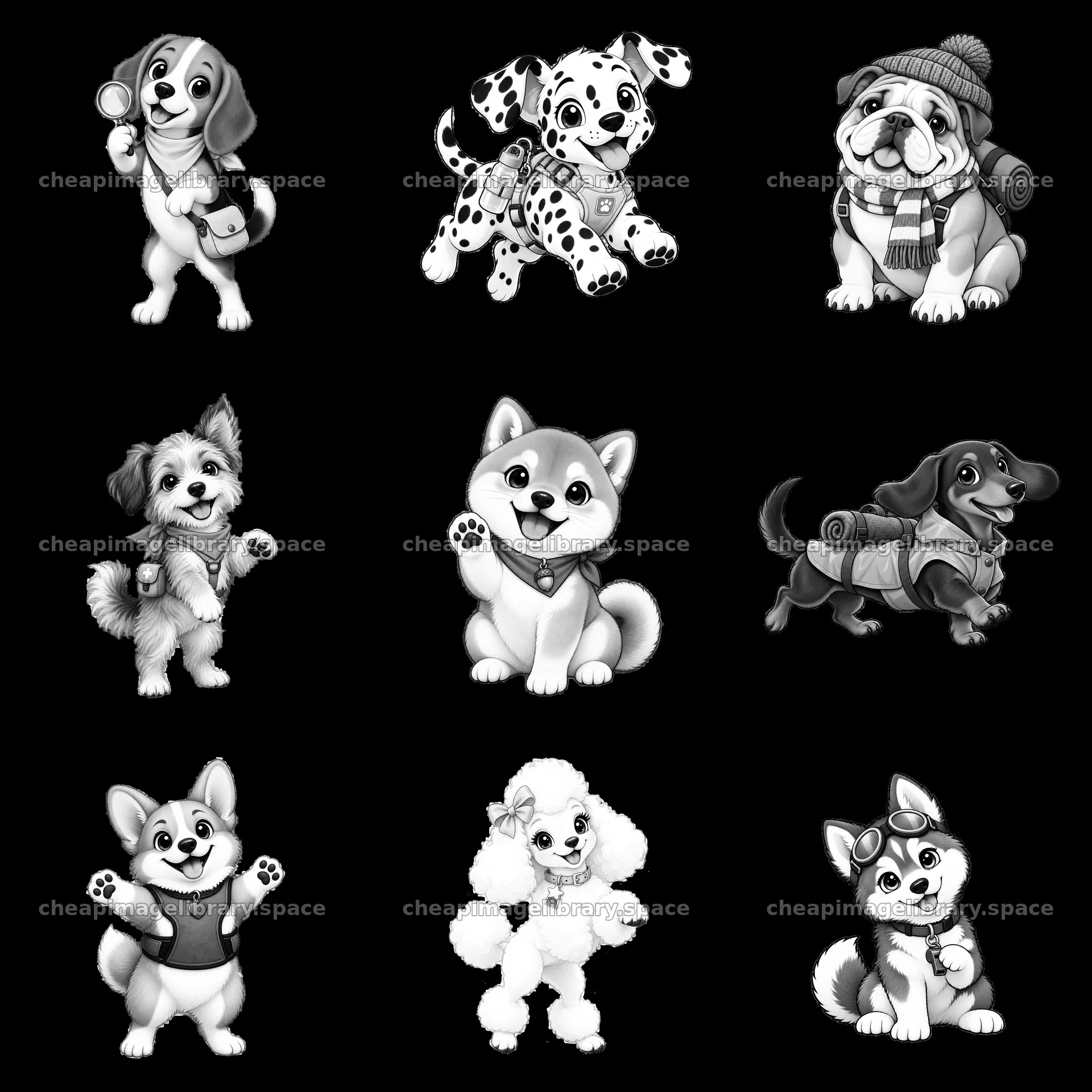 Cute cartoon dogs in a playful arrangement – image library 7746x7746